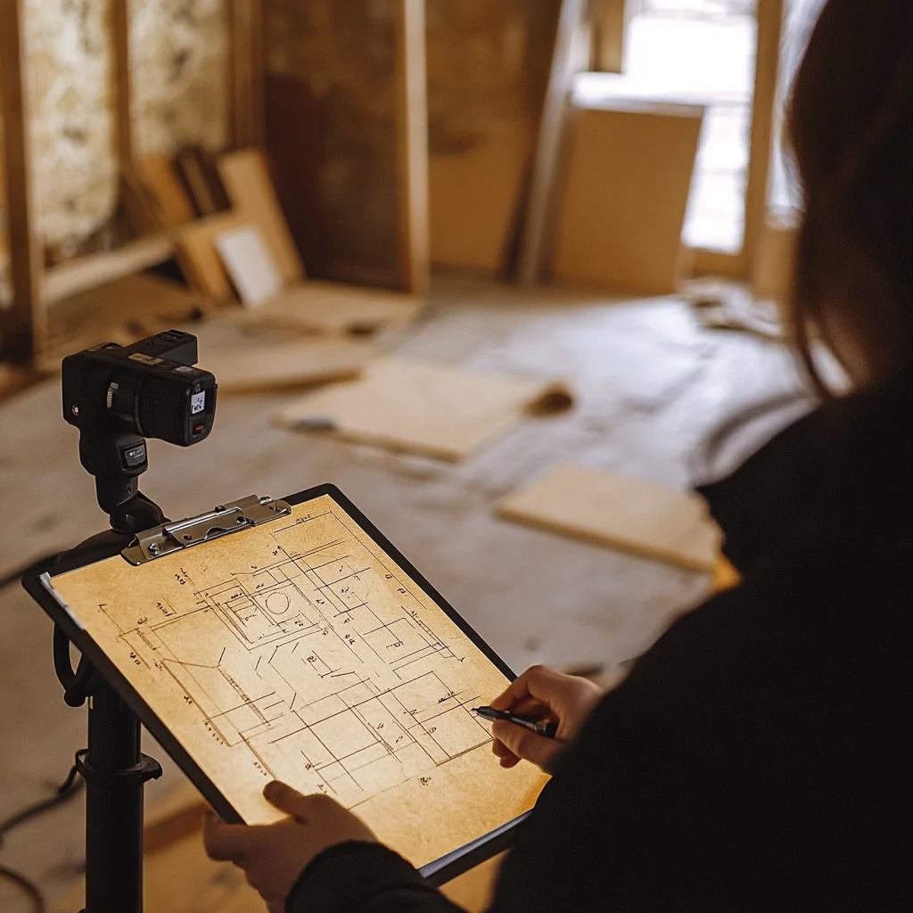 Wide shot of a room being measured with a laser